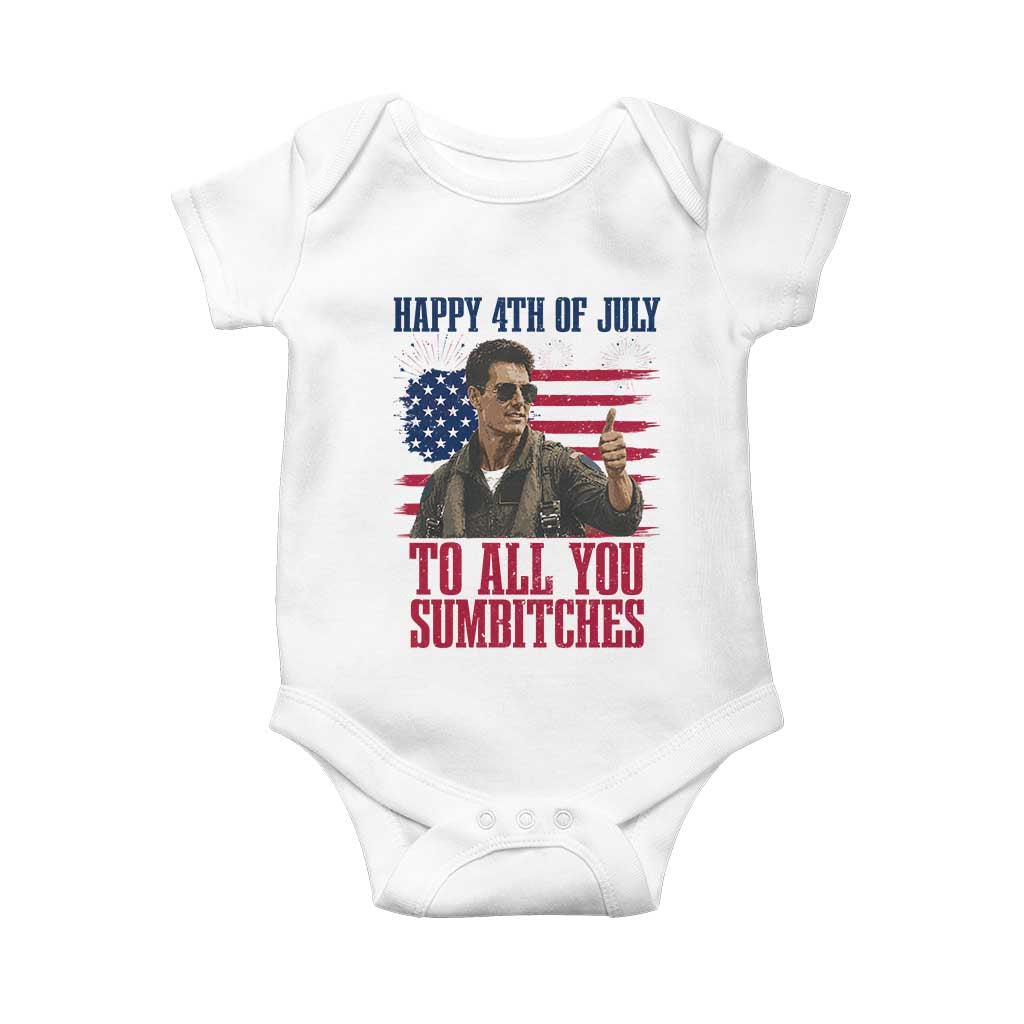 Happy 4th of July To All You Sumbitches Patriotic Graphic Baby Onesie Funny Fighter Pilot Retro Action Movie Humor Inspo