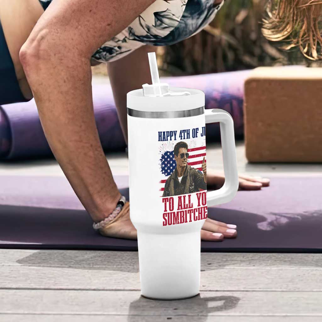 Happy 4th of July To All You Sumbitches Patriotic Graphic Tumbler With Handle Funny Fighter Pilot Retro Action Movie Humor Inspo
