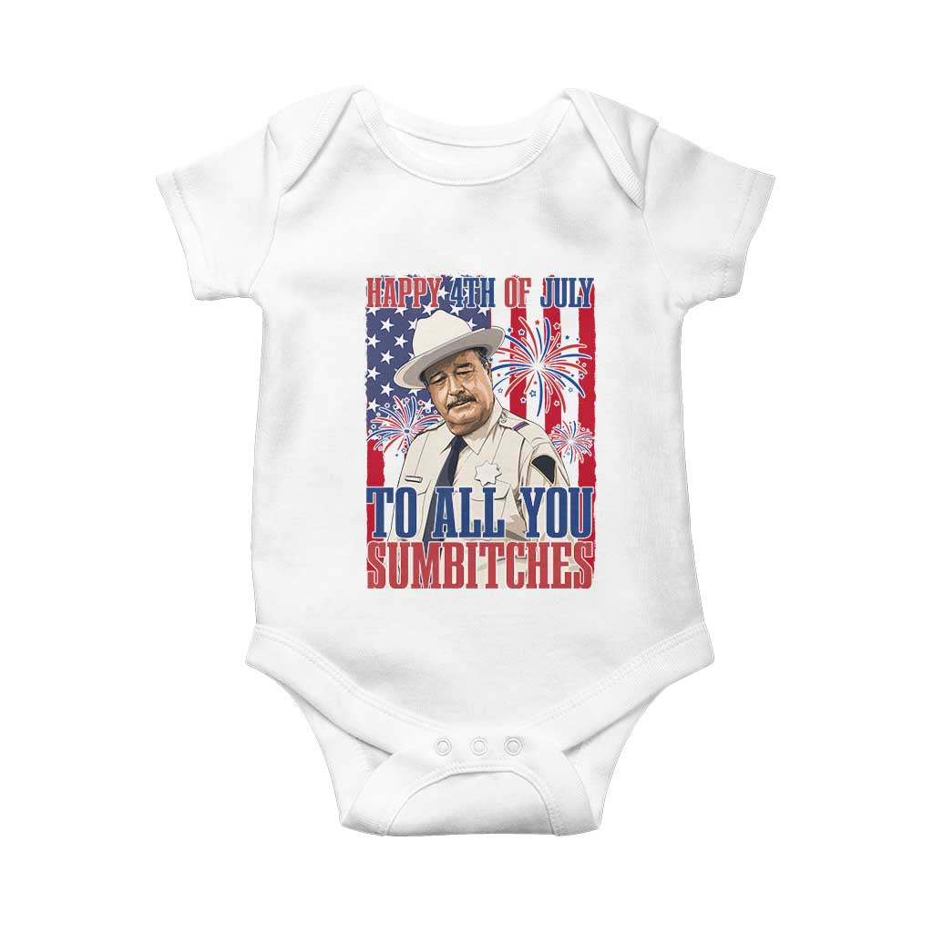 Happy 4th of July To All You Sumbitches Funny Sheriff Patriotic Graphic Baby Onesie Retro Movie Quote Inspo Country Humor