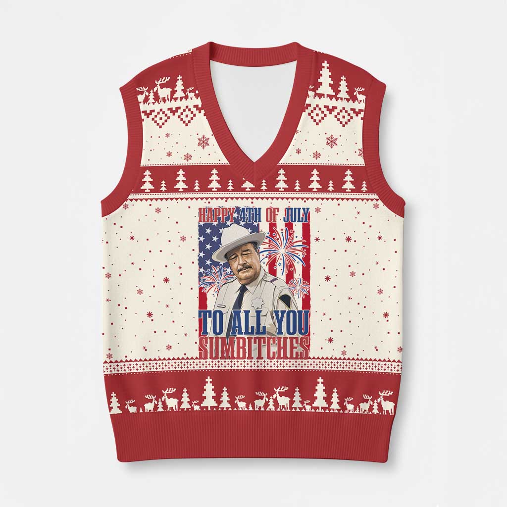 Happy 4th of July To All You Sumbitches Funny Sheriff Patriotic Graphic V-Neck Knit Sweater Vest Retro Movie Quote Inspo Country Humor