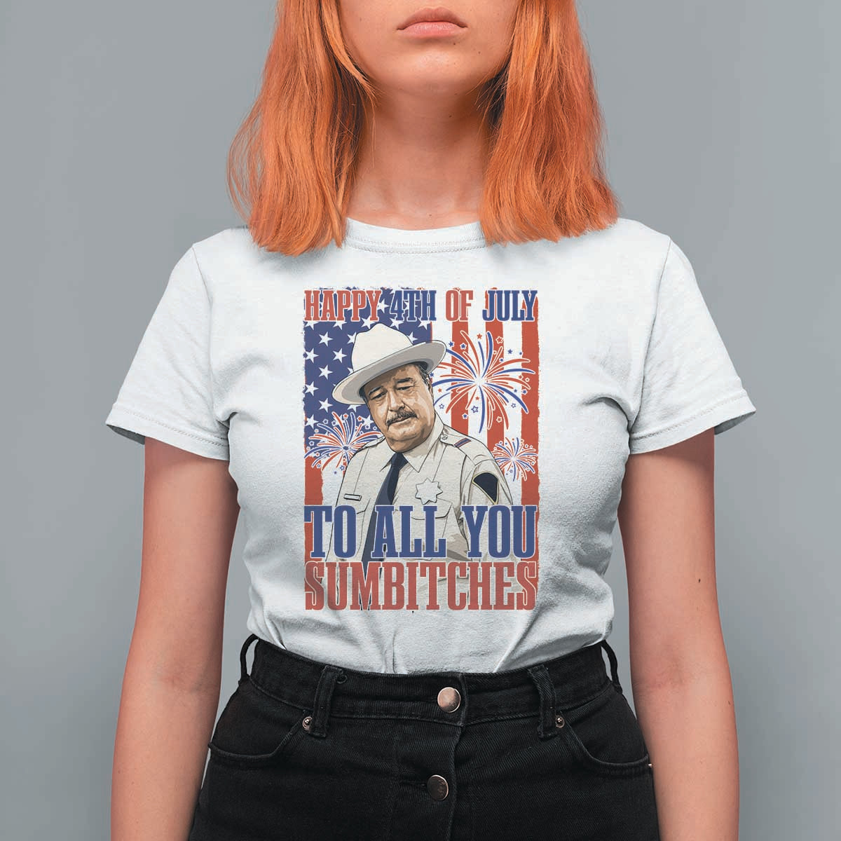 Happy 4th of July To All You Sumbitches Funny Sheriff Patriotic Graphic T Shirt For Women Retro Movie Quote Inspo Country Humor