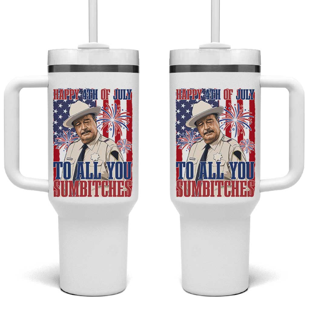 Happy 4th of July To All You Sumbitches Funny Sheriff Patriotic Graphic Tumbler With Handle Retro Movie Quote Inspo Country Humor