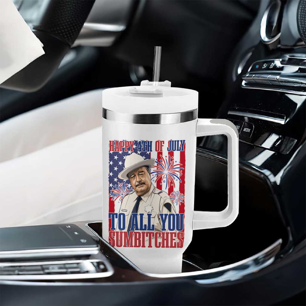 Happy 4th of July To All You Sumbitches Funny Sheriff Patriotic Graphic Tumbler With Handle Retro Movie Quote Inspo Country Humor