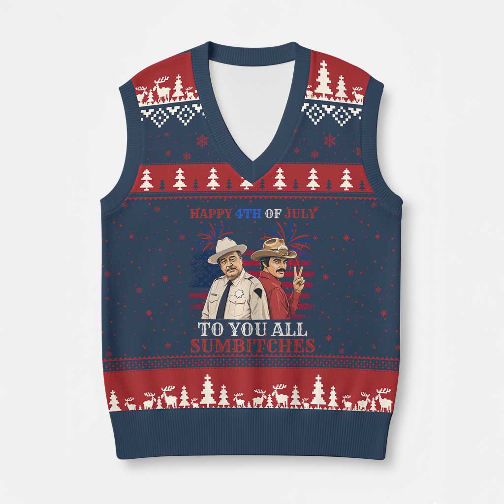 Happy 4th of July To All You Sumbitches Country Humor V-Neck Knit Sweater Vest Vintage Southern Cowboy Patriotic Graphic