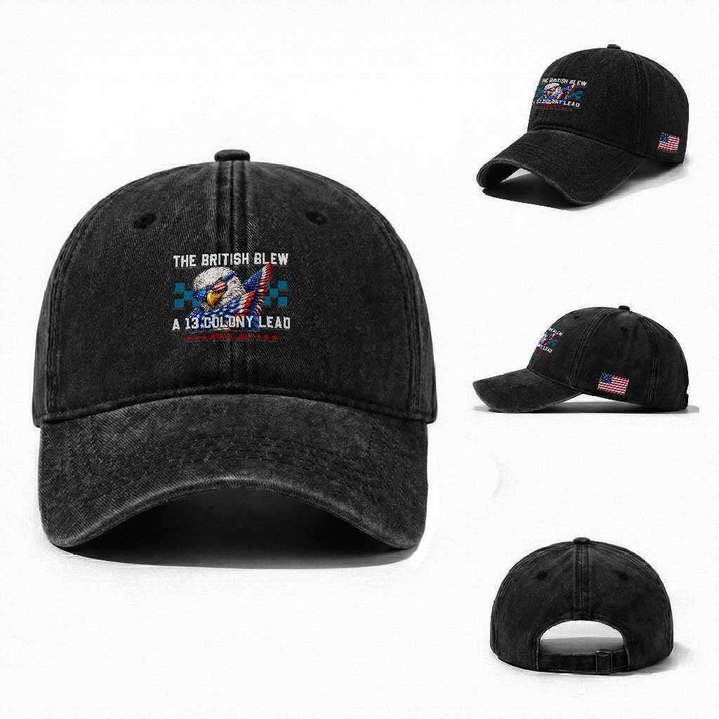 The British Blew A 13 Colony Lead Dabbing Eagle Washed Cotton Baseball Cap Funny Patriotic 4th of July History Humor Graphic