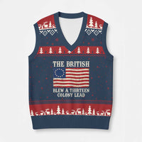 The British Blew A Thirteen Colony Lead Betsy Ross Flag V-Neck Knit Sweater Vest Vintage Patriotic 4th of July History Graphic