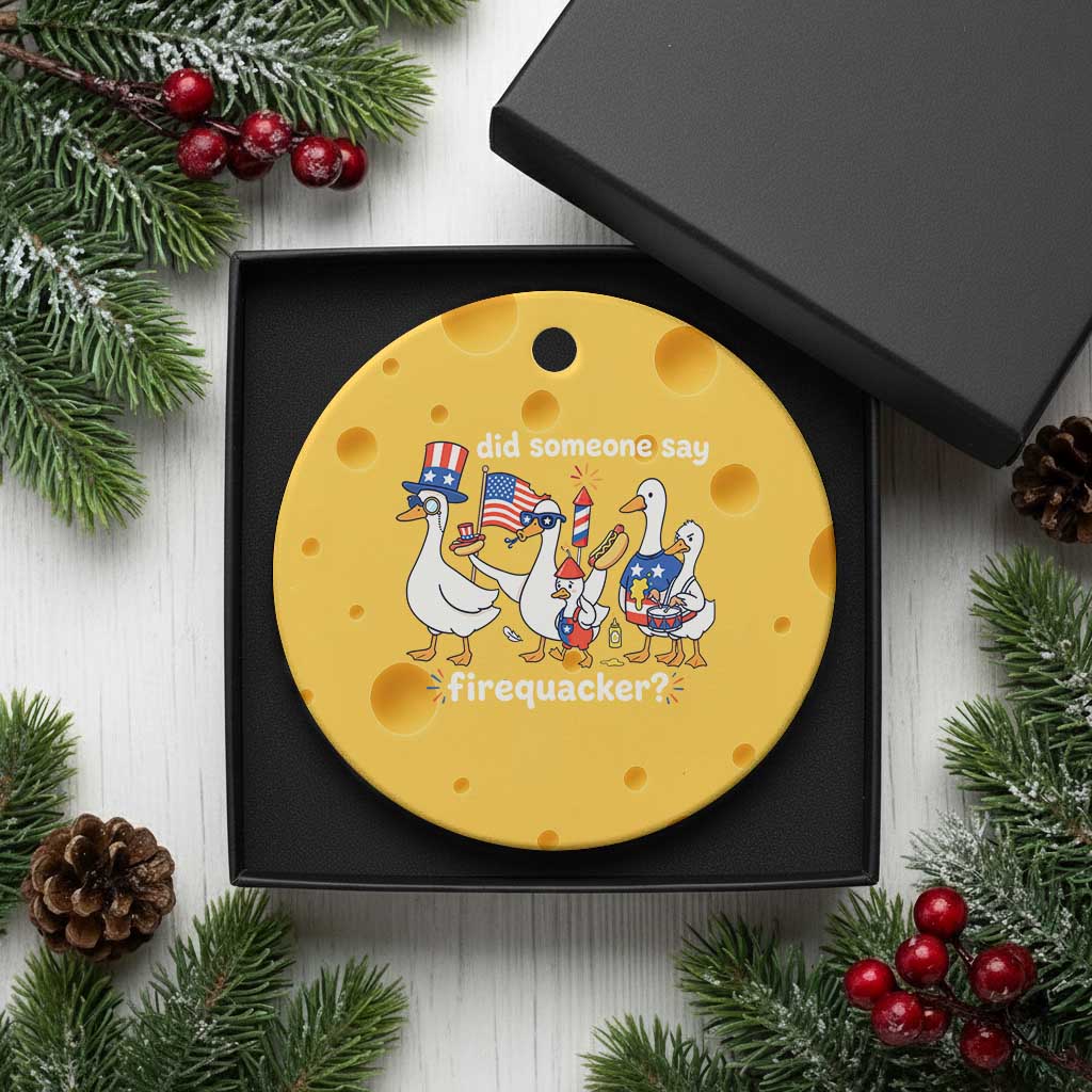 Funny Patriotic Duck Family 4th of July Fireworks Ceramic Ornament Did Someone Say Firequacker Word Pun Cute Graphic