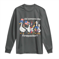 Funny Patriotic Duck Family 4th of July Fireworks Long Sleeve Shirt Did Someone Say Firequacker Word Pun Cute Graphic