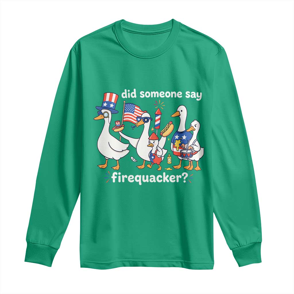 Funny Patriotic Duck Family 4th of July Fireworks Long Sleeve Shirt Did Someone Say Firequacker Word Pun Cute Graphic