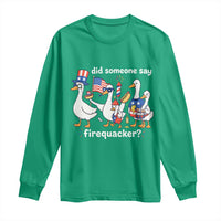 Funny Patriotic Duck Family 4th of July Fireworks Long Sleeve Shirt Did Someone Say Firequacker Word Pun Cute Graphic
