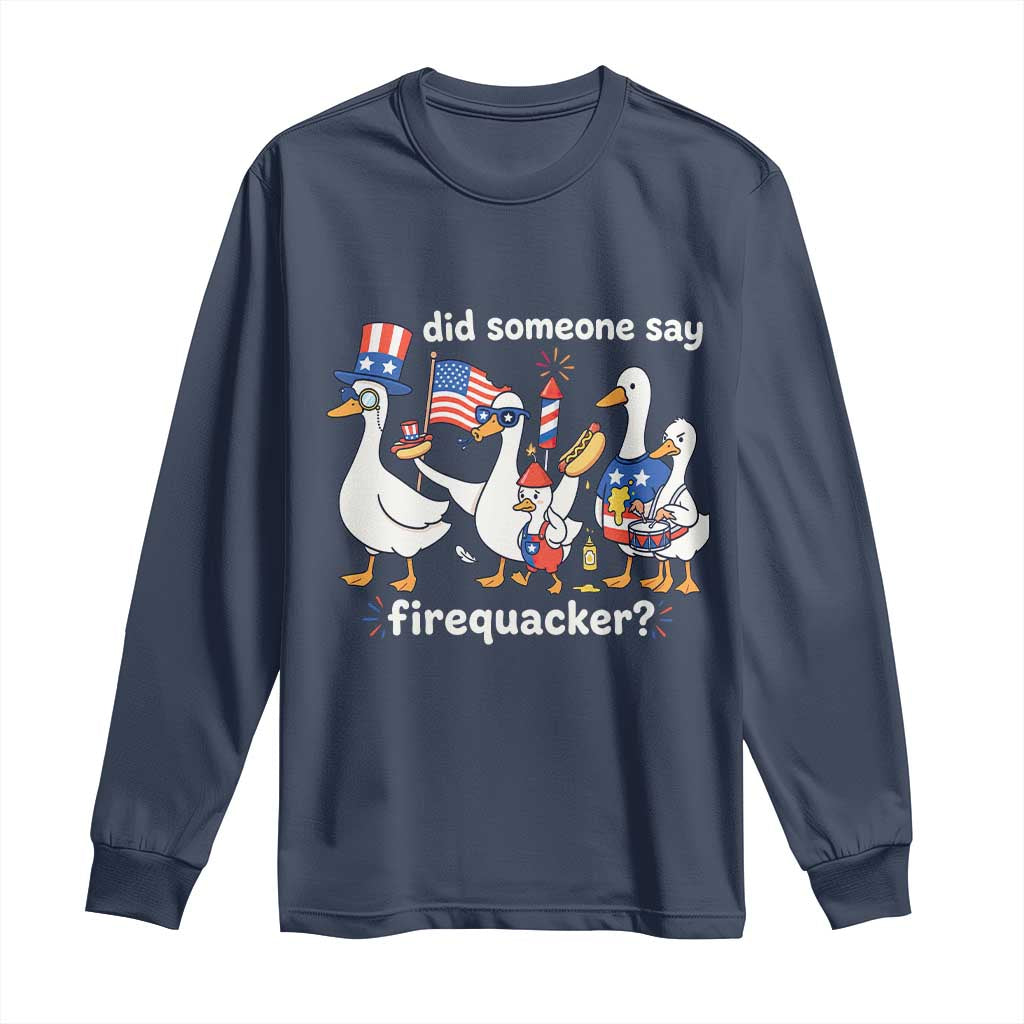 Funny Patriotic Duck Family 4th of July Fireworks Long Sleeve Shirt Did Someone Say Firequacker Word Pun Cute Graphic