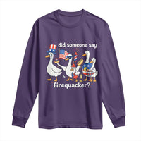 Funny Patriotic Duck Family 4th of July Fireworks Long Sleeve Shirt Did Someone Say Firequacker Word Pun Cute Graphic
