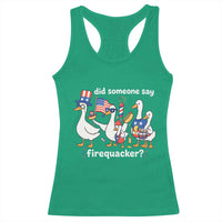 Funny Patriotic Duck Family 4th of July Fireworks Racerback Tank Top Did Someone Say Firequacker Word Pun Cute Graphic
