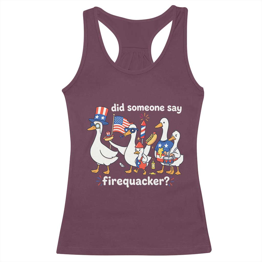 Funny Patriotic Duck Family 4th of July Fireworks Racerback Tank Top Did Someone Say Firequacker Word Pun Cute Graphic