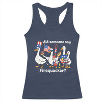 Funny Patriotic Duck Family 4th of July Fireworks Racerback Tank Top Did Someone Say Firequacker Word Pun Cute Graphic