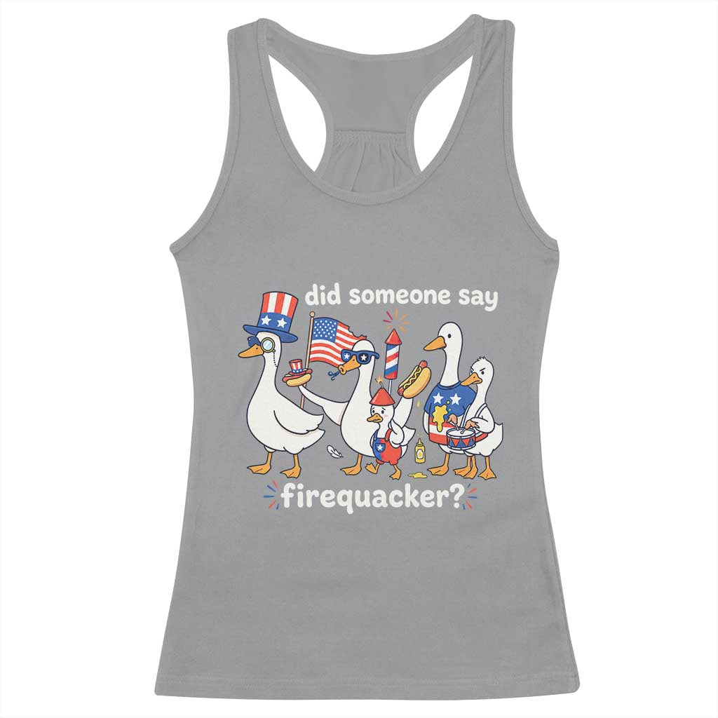 Funny Patriotic Duck Family 4th of July Fireworks Racerback Tank Top Did Someone Say Firequacker Word Pun Cute Graphic