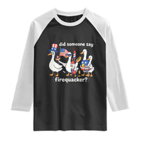 Funny Patriotic Duck Family 4th of July Fireworks Raglan Shirt Did Someone Say Firequacker Word Pun Cute Graphic