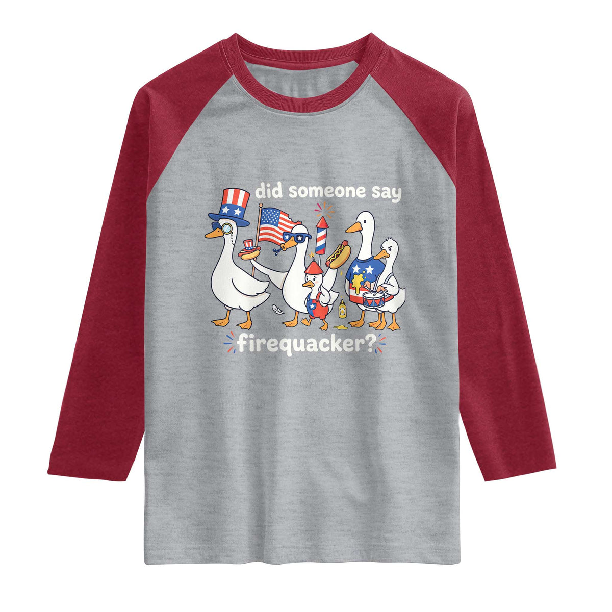 Funny Patriotic Duck Family 4th of July Fireworks Raglan Shirt Did Someone Say Firequacker Word Pun Cute Graphic
