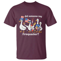 Funny Patriotic Duck Family 4th of July Fireworks T Shirt Did Someone Say Firequacker Word Pun Cute Graphic