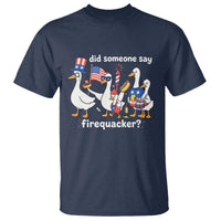Funny Patriotic Duck Family 4th of July Fireworks T Shirt Did Someone Say Firequacker Word Pun Cute Graphic