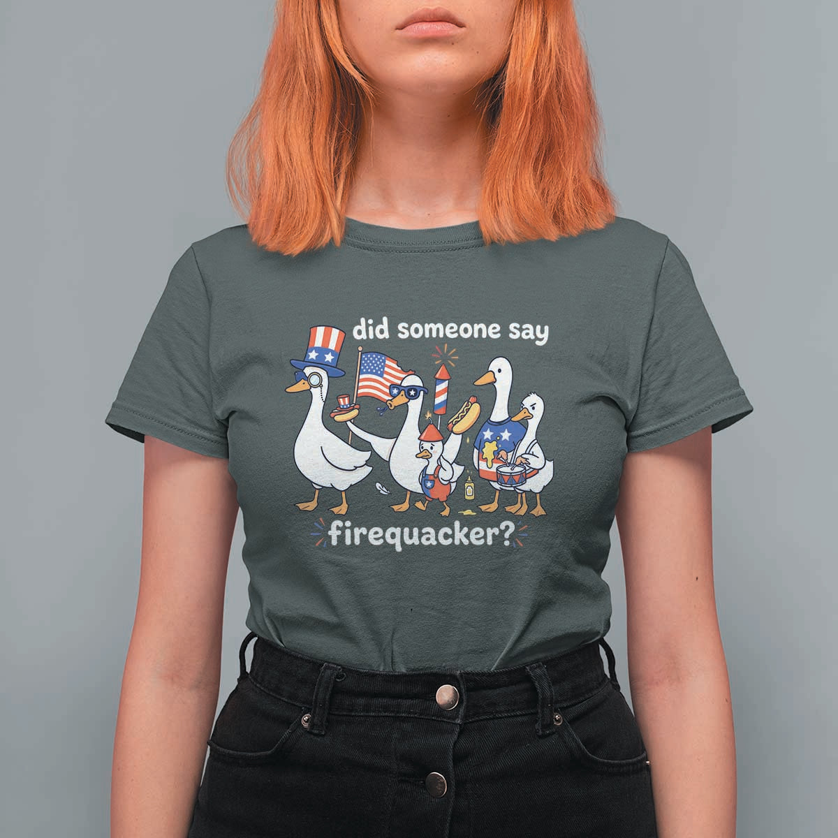 Funny Patriotic Duck Family 4th of July Fireworks T Shirt For Women Did Someone Say Firequacker Word Pun Cute Graphic