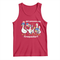 Funny Patriotic Duck Family 4th of July Fireworks Tank Top Did Someone Say Firequacker Word Pun Cute Graphic