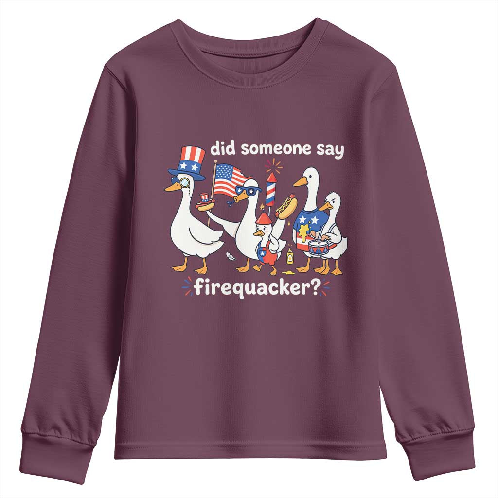 Funny Patriotic Duck Family 4th of July Fireworks Youth Sweatshirt Did Someone Say Firequacker Word Pun Cute Graphic