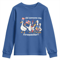 Funny Patriotic Duck Family 4th of July Fireworks Youth Sweatshirt Did Someone Say Firequacker Word Pun Cute Graphic
