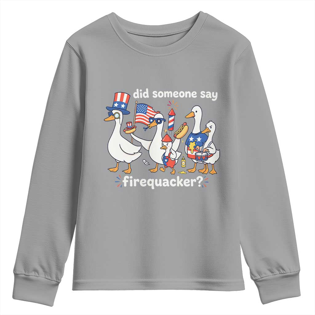 Funny Patriotic Duck Family 4th of July Fireworks Youth Sweatshirt Did Someone Say Firequacker Word Pun Cute Graphic