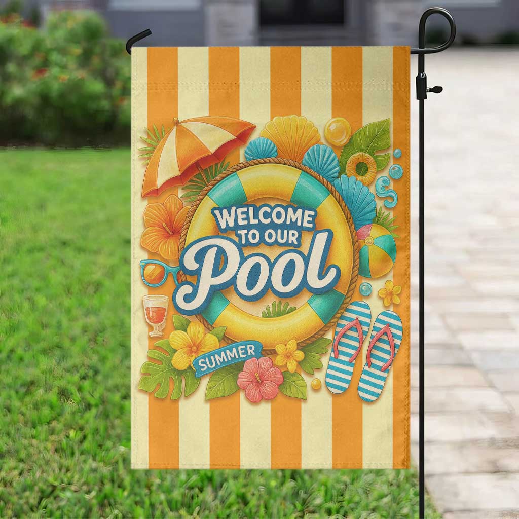 Welcome to Our Pool Retro Retro Gingham Stripes Summer Garden Flag