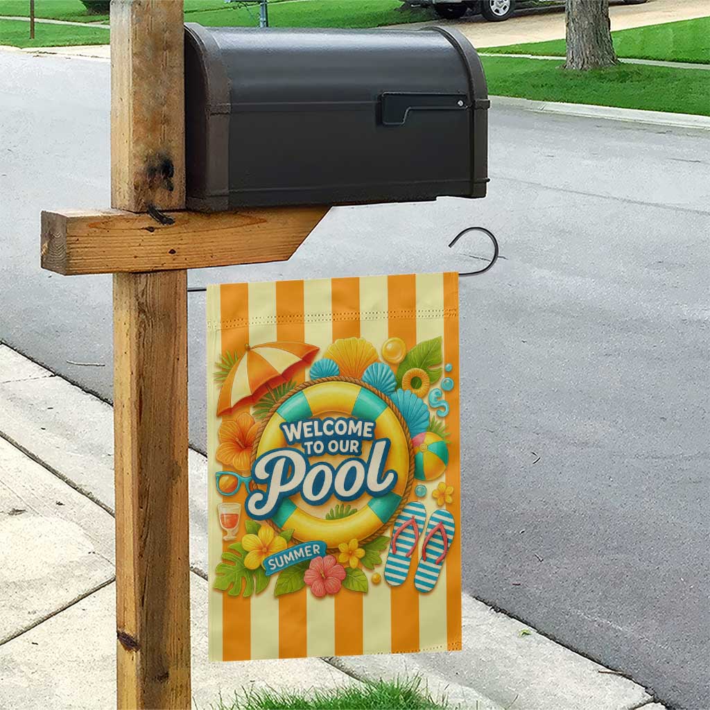 Welcome to Our Pool Retro Retro Gingham Stripes Summer Garden Flag