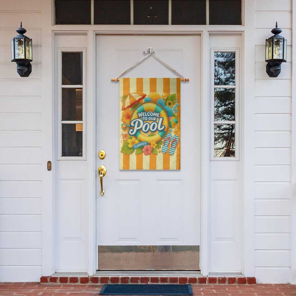 Welcome to Our Pool Retro Retro Gingham Stripes Summer Garden Flag