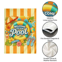 Welcome to Our Pool Retro Retro Gingham Stripes Summer Garden Flag