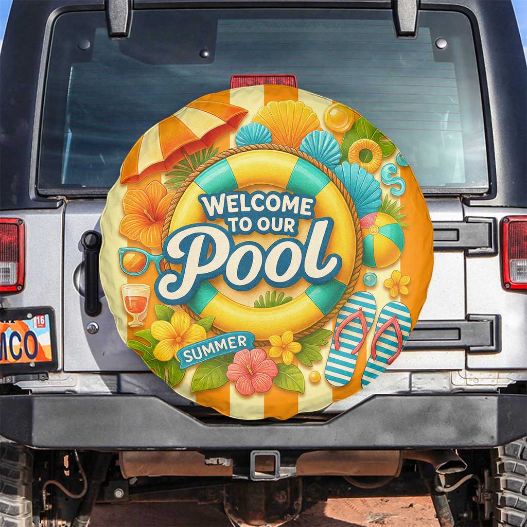 Welcome to Our Pool Retro Retro Gingham Stripes Summer Spare Tire Cover