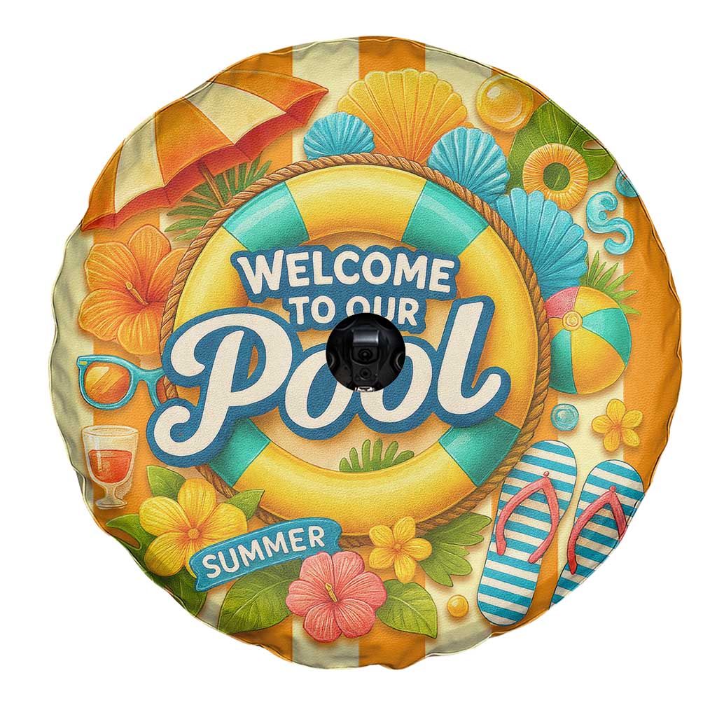 Welcome to Our Pool Retro Retro Gingham Stripes Summer Spare Tire Cover