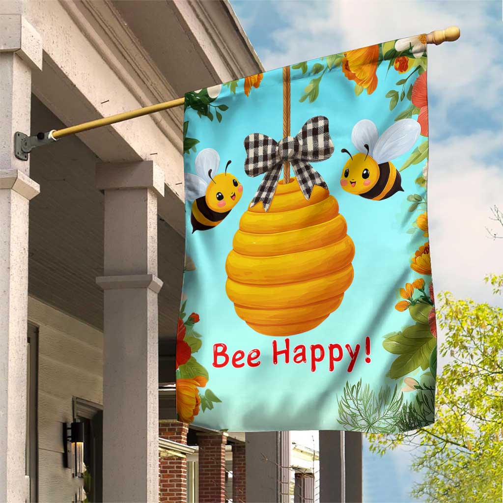 Bee Happy Honeycomb Gingham Bow Floral Spring Summer Garden Flag