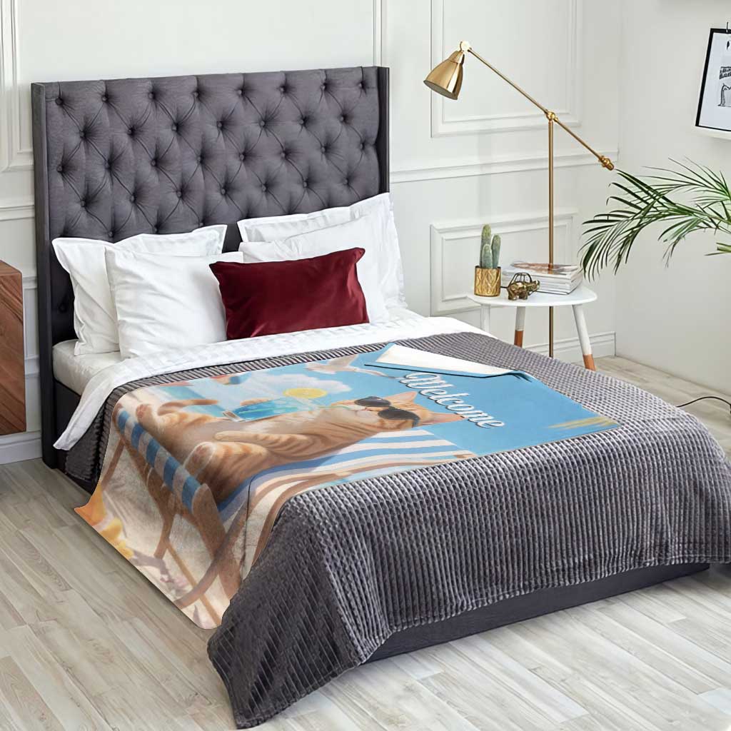 Welcome Beach Lounge Orange Tabby Cat Tropical Vacation Throw Blanket