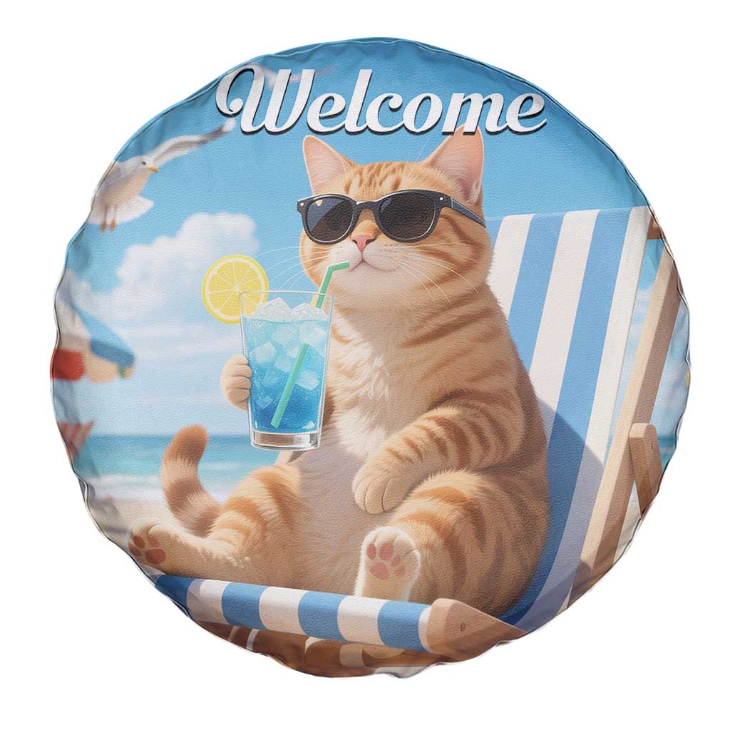 Welcome Beach Lounge Orange Tabby Cat Tropical Vacation Spare Tire Cover
