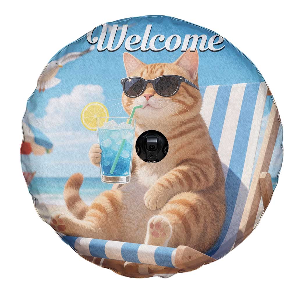 Welcome Beach Lounge Orange Tabby Cat Tropical Vacation Spare Tire Cover