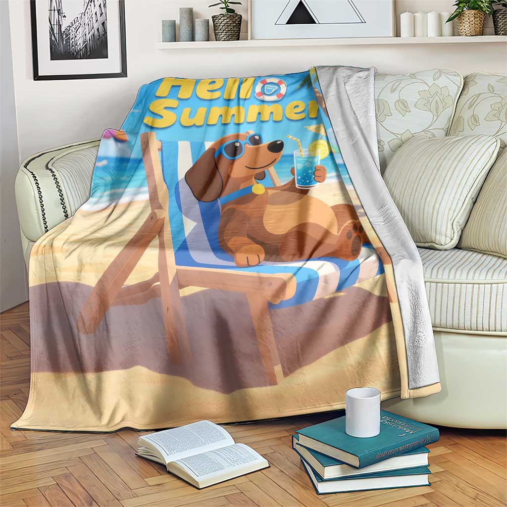 Hello Summer Wiener Dog Dachshund Relaxing on Beach Throw Blanket