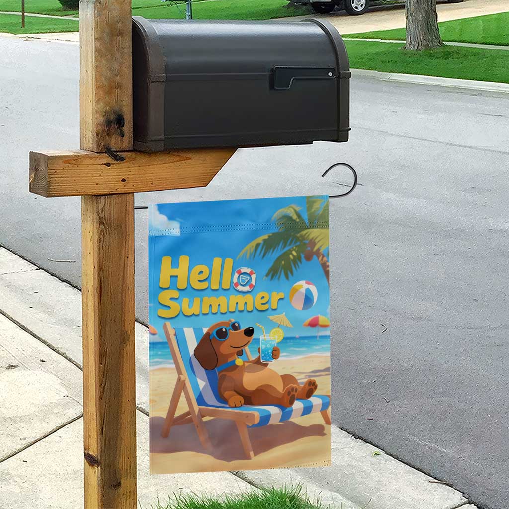 Hello Summer Wiener Dog Dachshund Relaxing on Beach Garden Flag