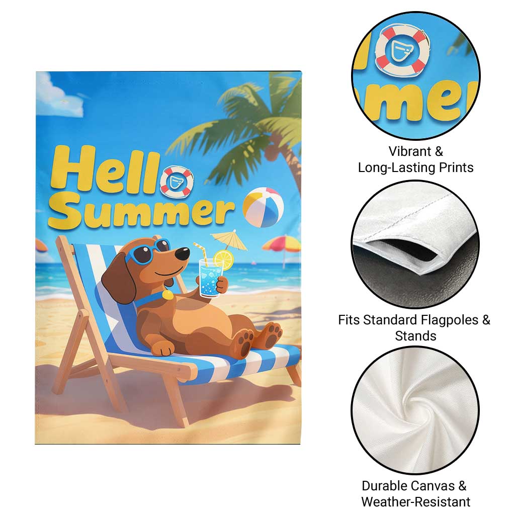 Hello Summer Wiener Dog Dachshund Relaxing on Beach Garden Flag