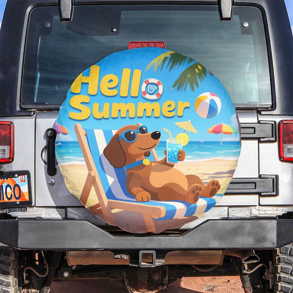 Hello Summer Wiener Dog Dachshund Relaxing on Beach Spare Tire Cover