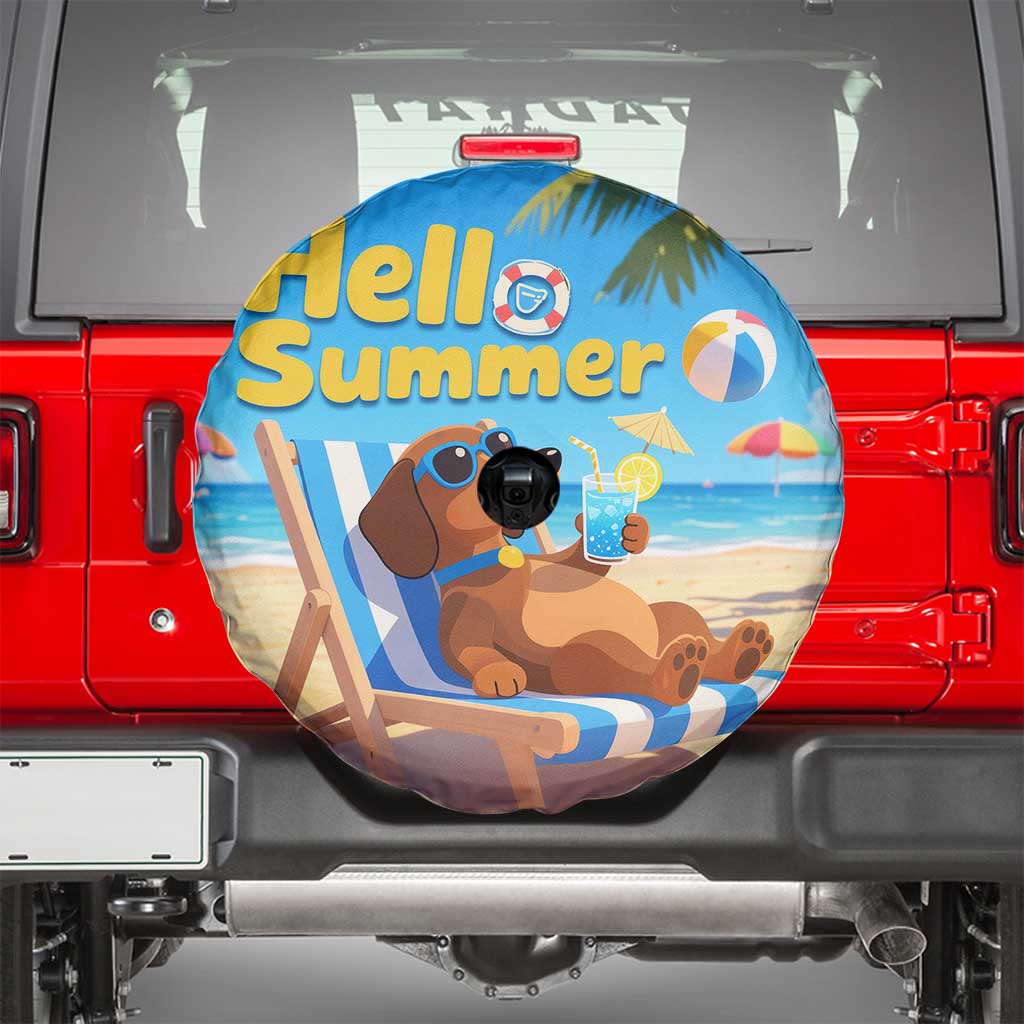 Hello Summer Wiener Dog Dachshund Relaxing on Beach Spare Tire Cover