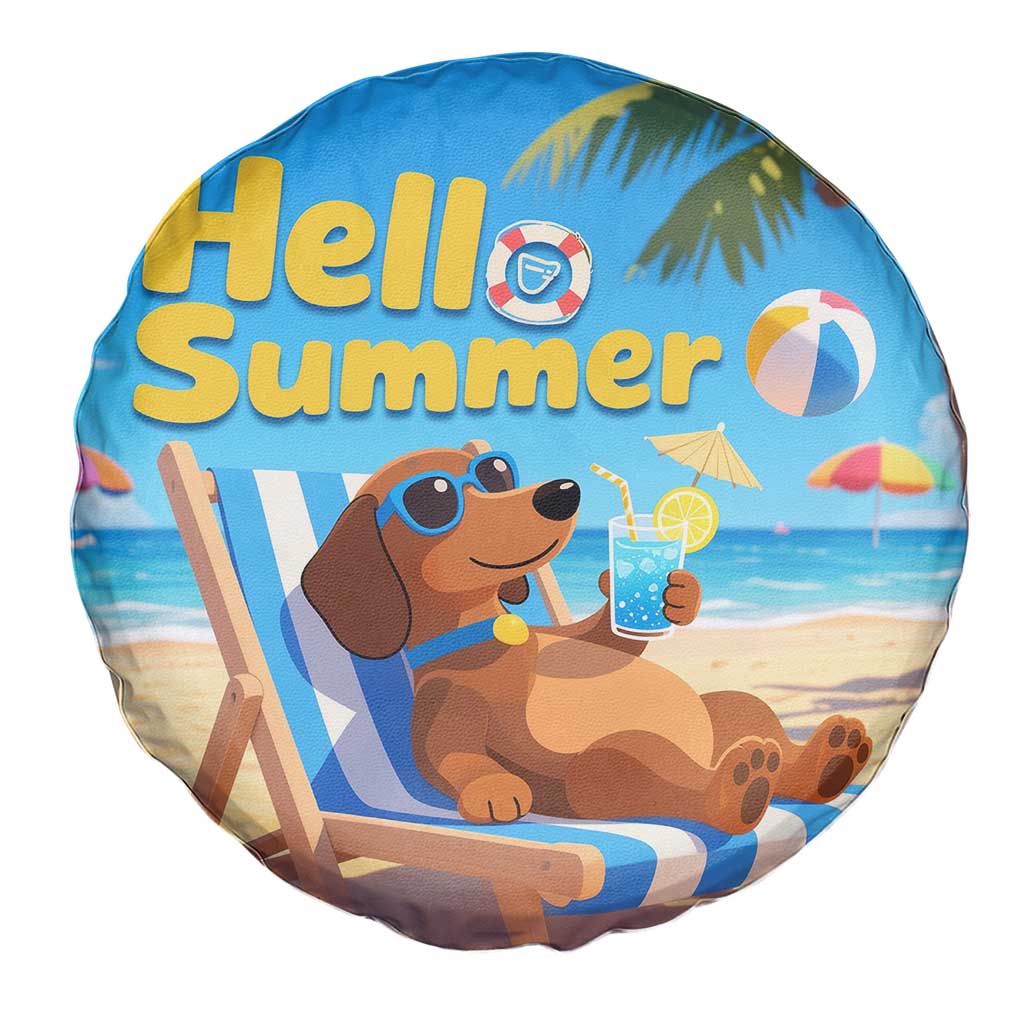 Hello Summer Wiener Dog Dachshund Relaxing on Beach Spare Tire Cover