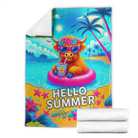 Hello Summer Highland Cow Floating Tropical Beach Throw Blanket Oasis Summer Vibes