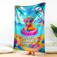 Hello Summer Highland Cow Floating Tropical Beach Throw Blanket Oasis Summer Vibes