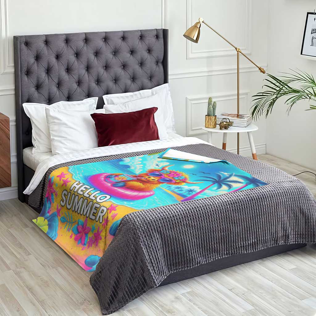 Hello Summer Highland Cow Floating Tropical Beach Throw Blanket Oasis Summer Vibes