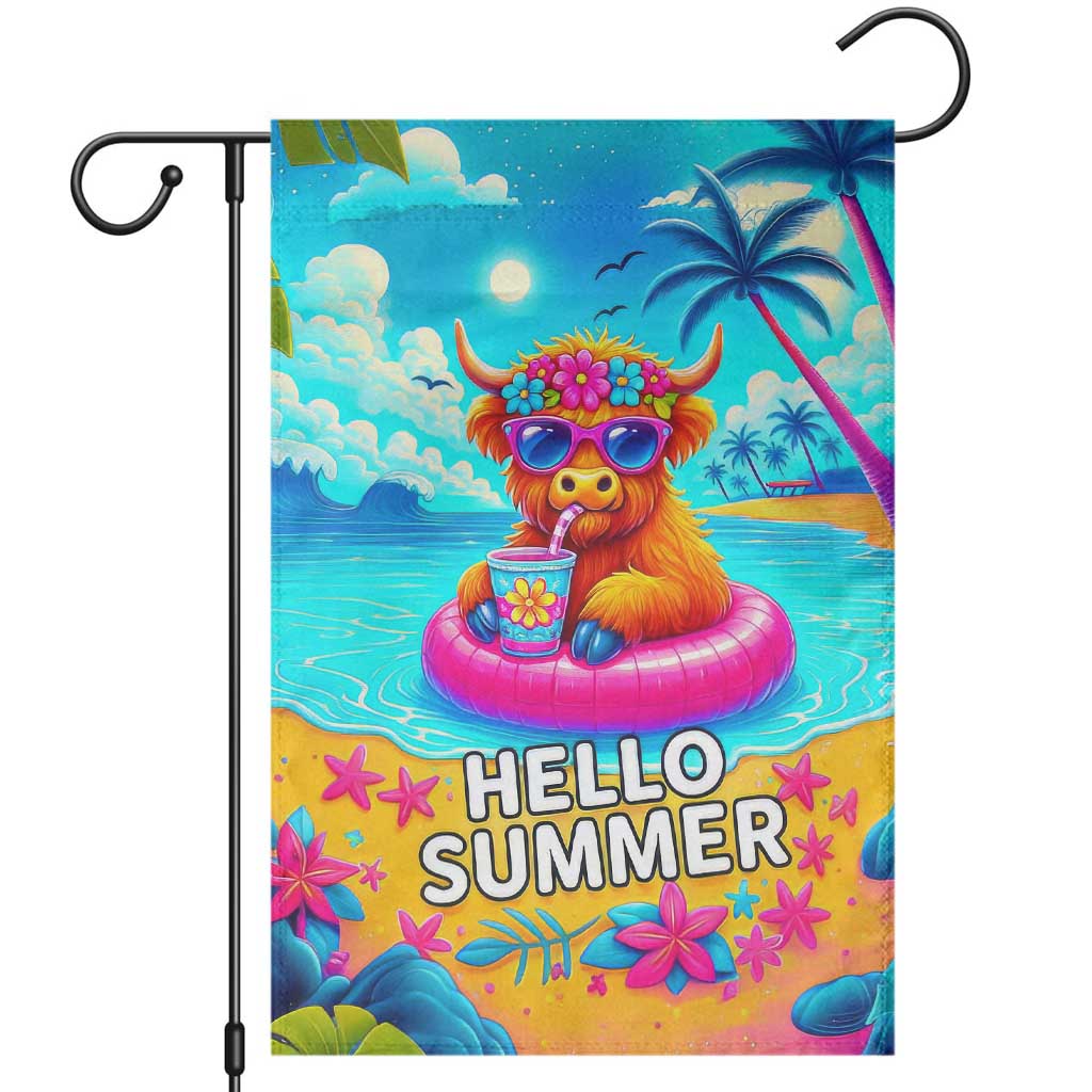 Hello Summer Highland Cow Floating Tropical Beach Garden Flag Oasis Summer Vibes