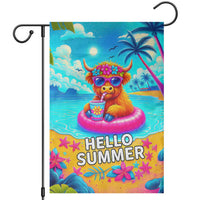 Hello Summer Highland Cow Floating Tropical Beach Garden Flag Oasis Summer Vibes